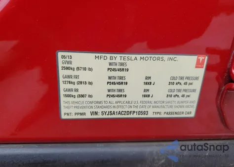 2013 Tesla Model S from USA, damaged, VIN 5YJSA1AC2DFP10593